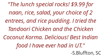 "The lunch special rocks! $9.99 for naan, rice, salad, your choice of 2 entrees, and rice pudding. I tried the Tandoori Chicken and the Chicken Coconut Korma. Delicious! Best Indian food I have ever had in UT." -S.Bluffton, SC